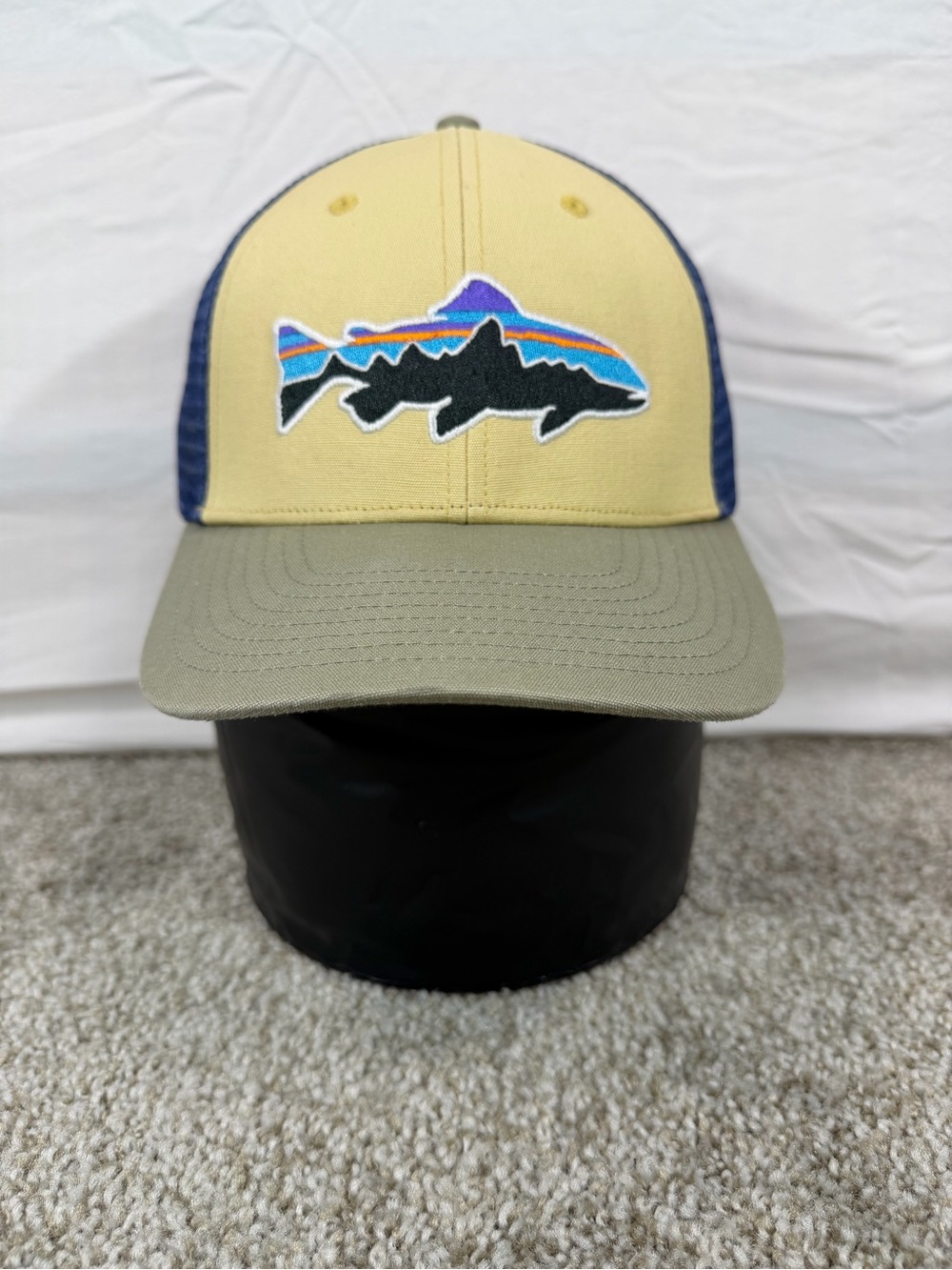 Patagonia Fitz Roy Trout Trucker Hat Navy Tan NetPlus Fishing Hat